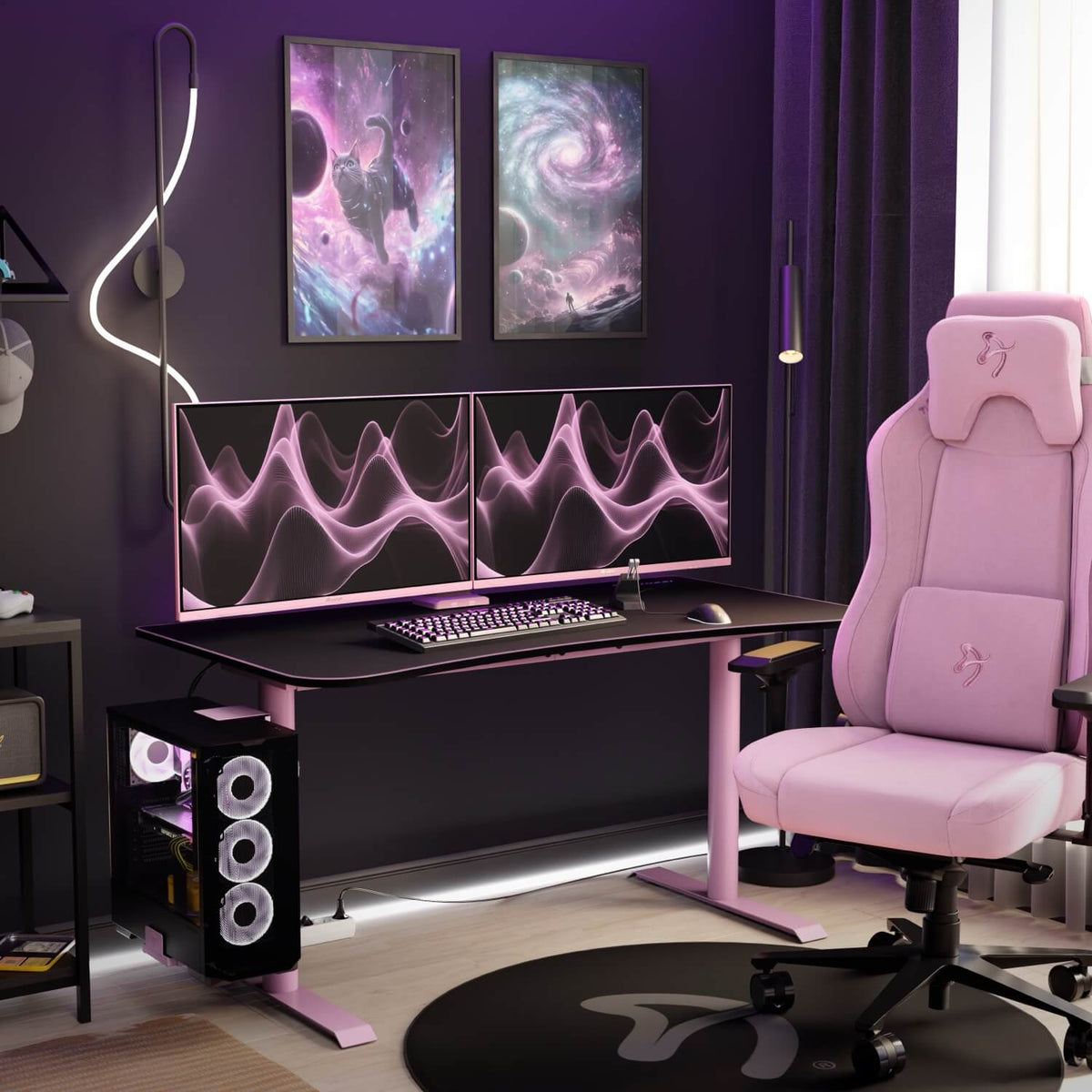 Purple-lit room with pink chair, dual monitors, and Arozzi Arena Medium Mousepad on custom desk.