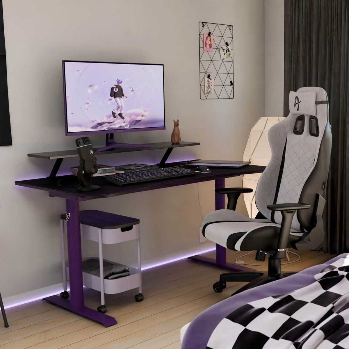 Modern gaming desk with monitor, chair, cat figurine, and Arozzi Arena Medium Mousepad.