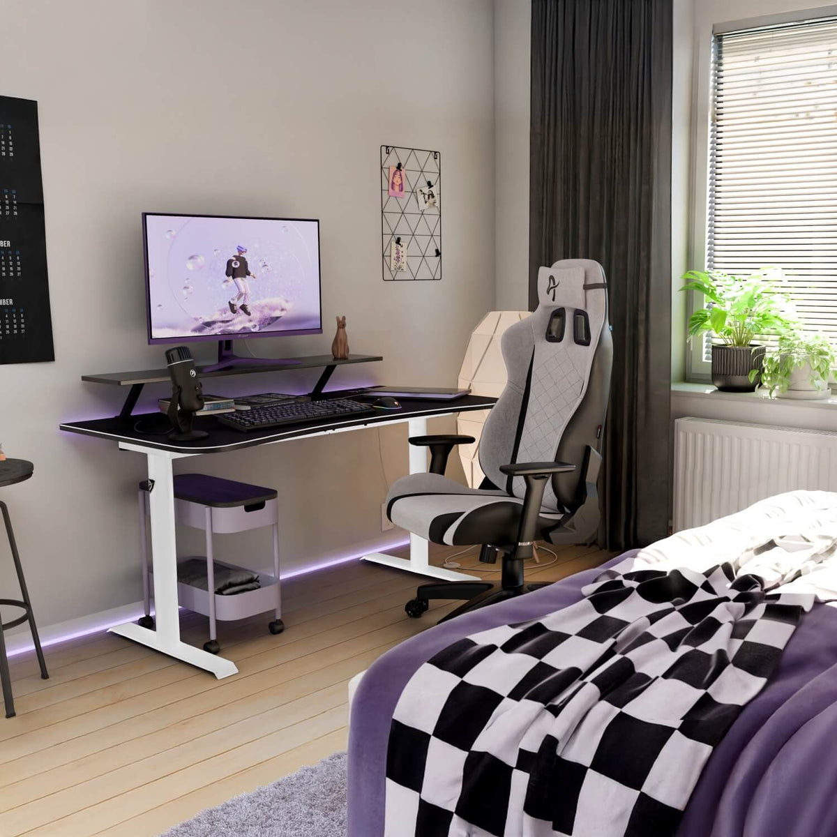 Arena Medium Mousepad by Arozzi Europe on gaming desk near bed, checkered blanket, sunny window.