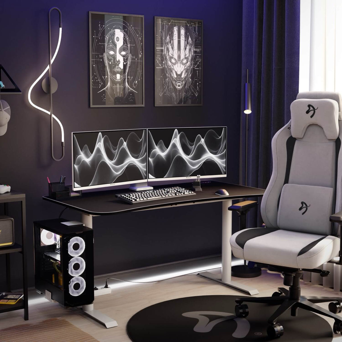 Modern setup: dual monitors, sleek desk, Arozzi Europe Arena Medium Mousepad, and sci-fi wall art.