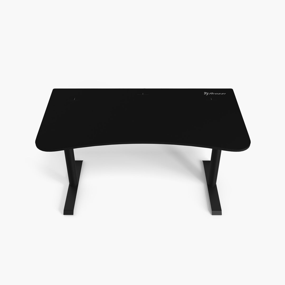 Arena Gaming Desk - Medium: Sleek black, curved edge, metal legs, Arozzi logo on top right.
