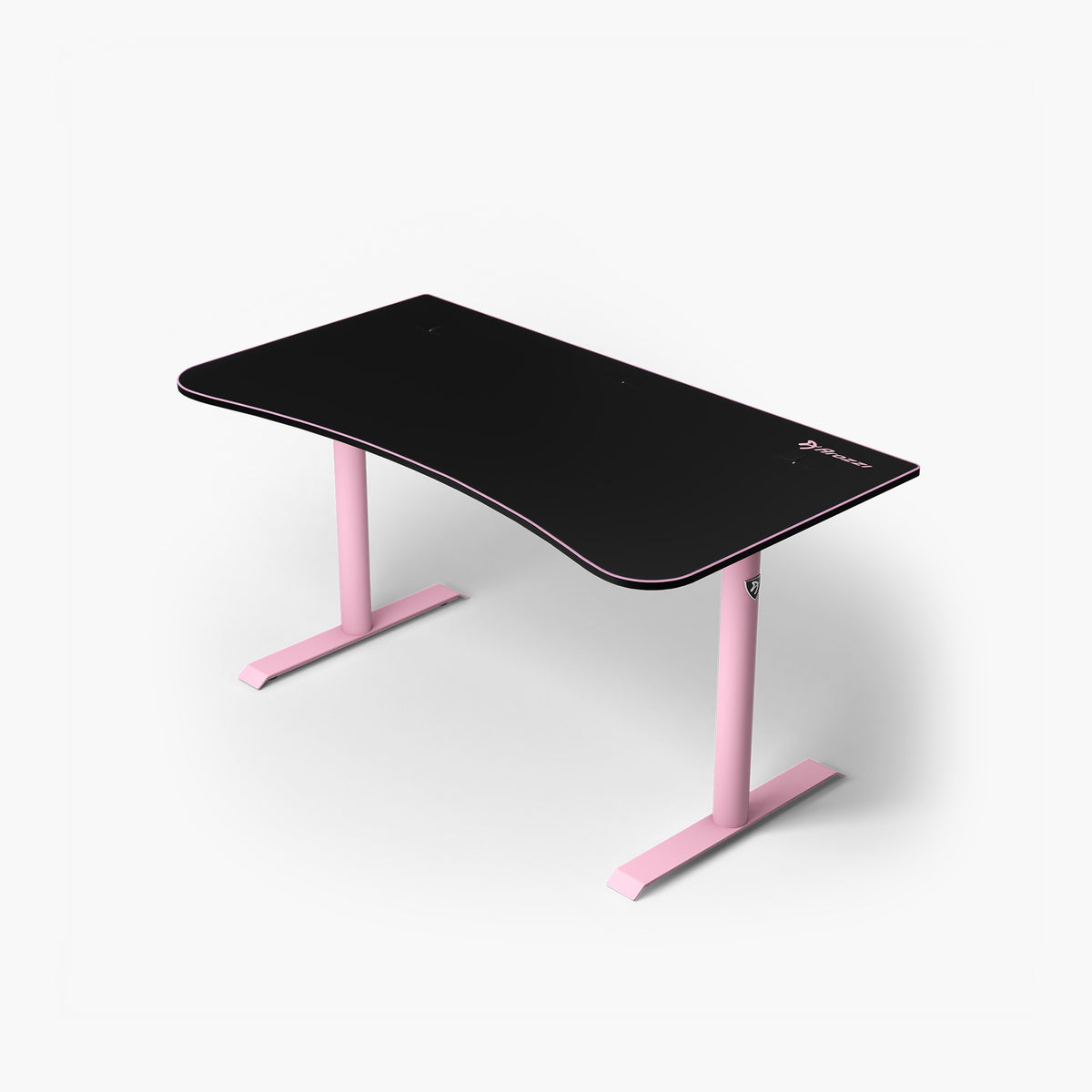Arozzi Arena Gaming Desk - Medium: black top, pink legs, curved edge, compact design.