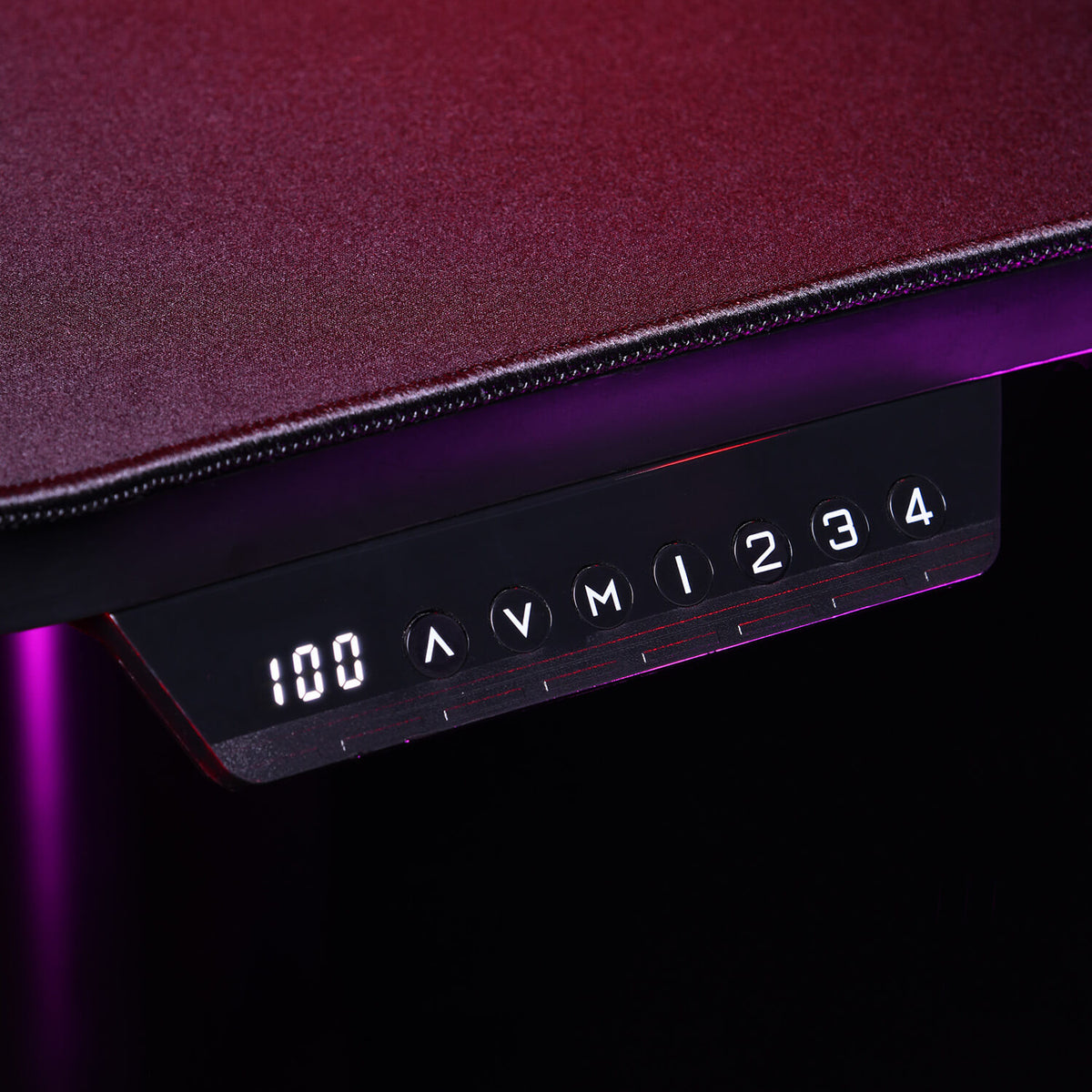 Close-up of an electronic control panel with numbers and arrow buttons, glowing in purple light.