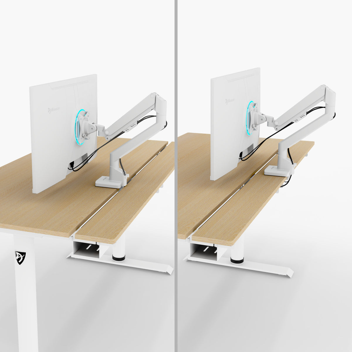 Two Arozzi Arena Nordico standing desks with monitor arms and white monitors, shown ergonomically.