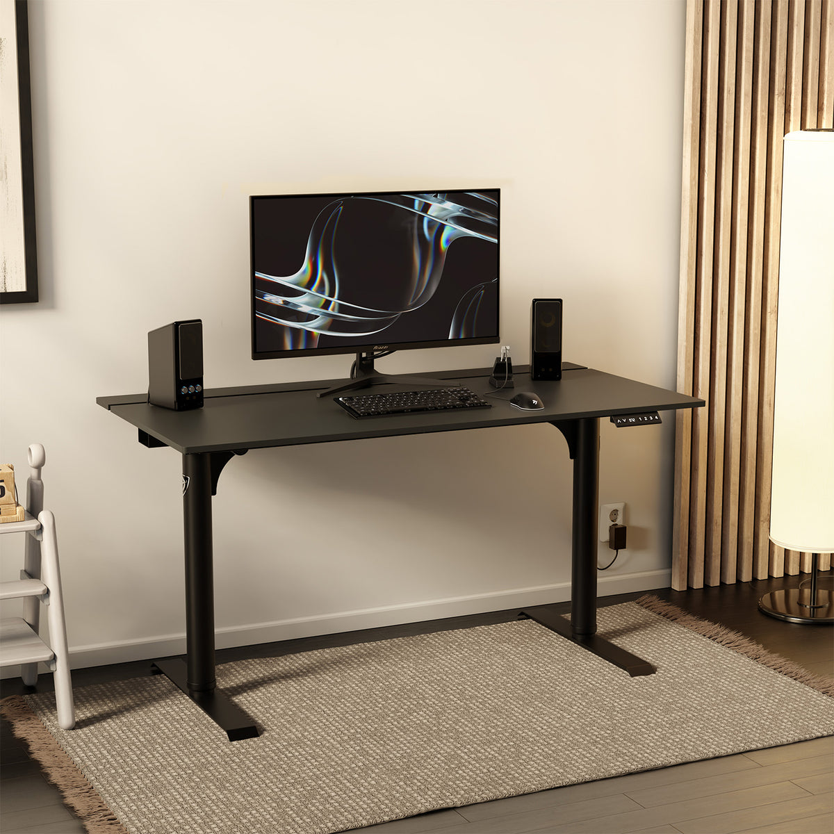 Arozzi Arena Nordico desk with monitor, keyboard & speakers in a modern ergonomic workspace.