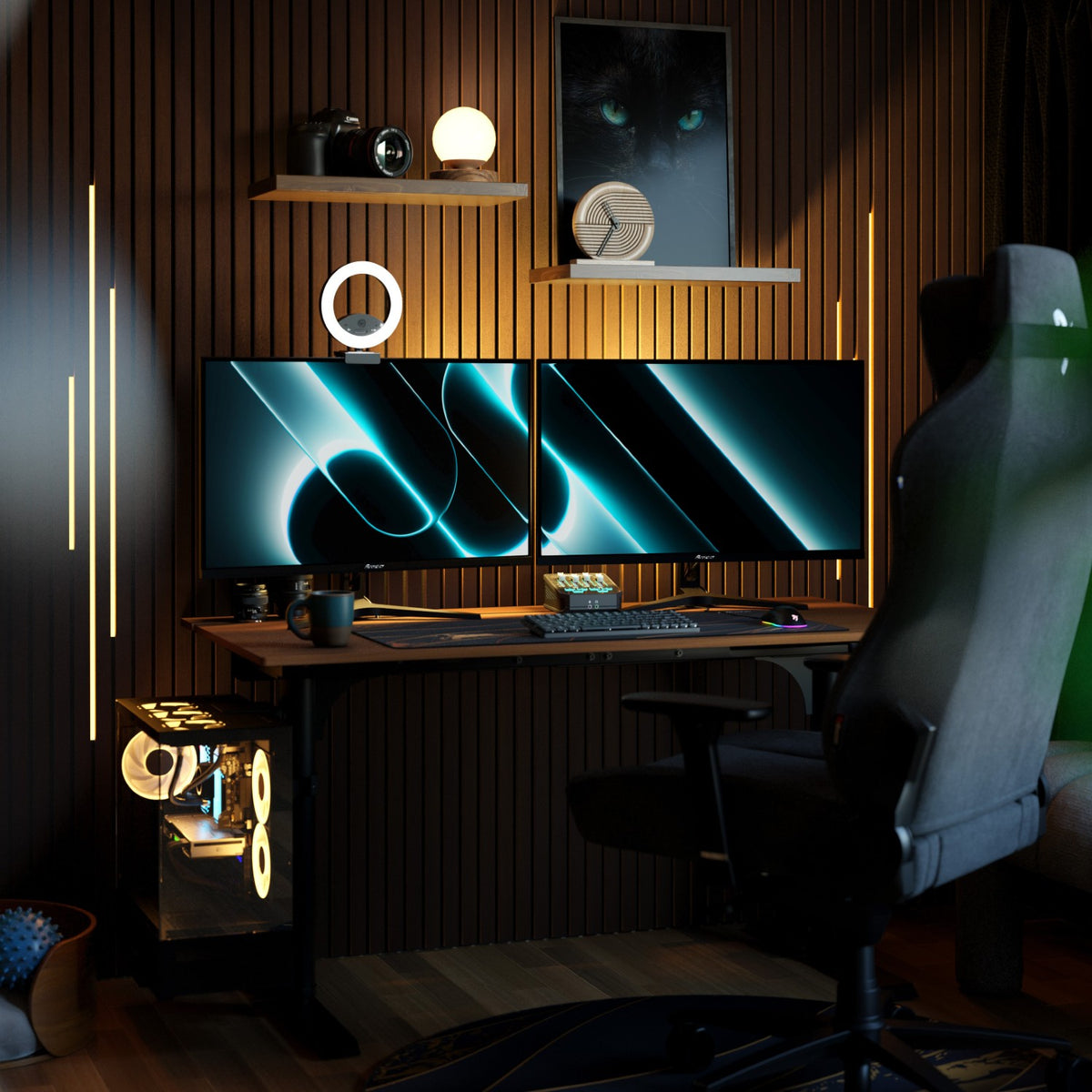 Arozzi Arena Nordico electric desk, dual monitors, LED lights, shelves & gaming chair setup.
