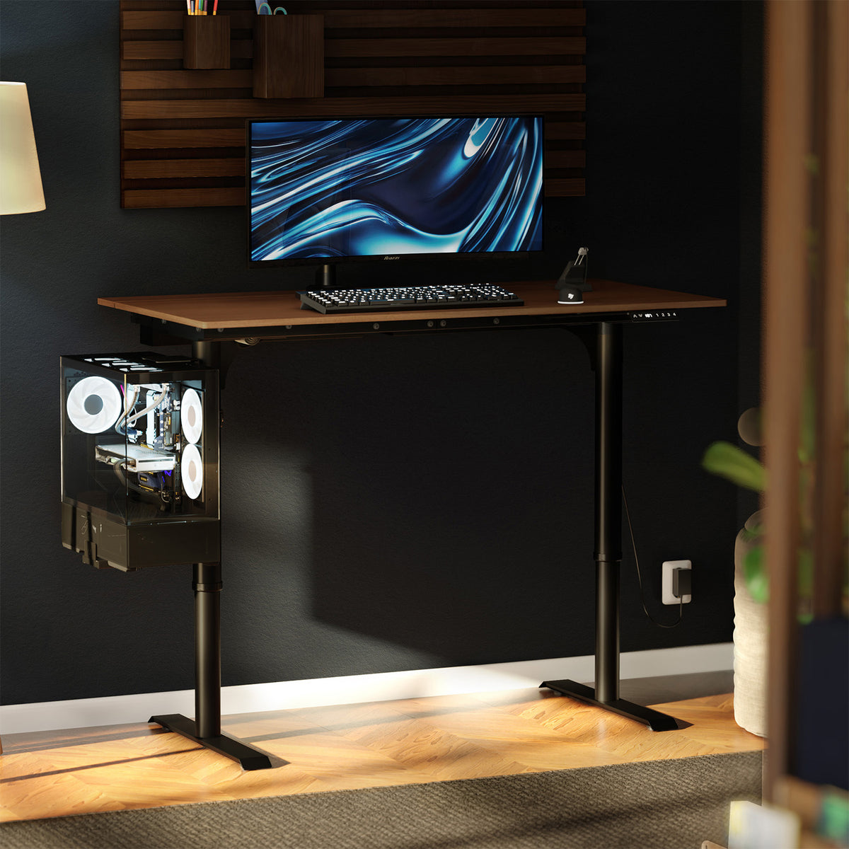 Ergonomic setup: Arozzi Arena Nordico electric standing desk with monitor, keyboard, and PC.