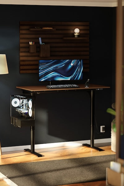Standing desk with computer setup, monitor, keyboard, mouse, and wall organizer above.