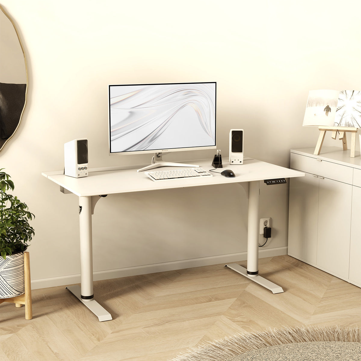 Arozzi Arena Nordico electric standing desk in bright, organized workspace with monitor and decor.
