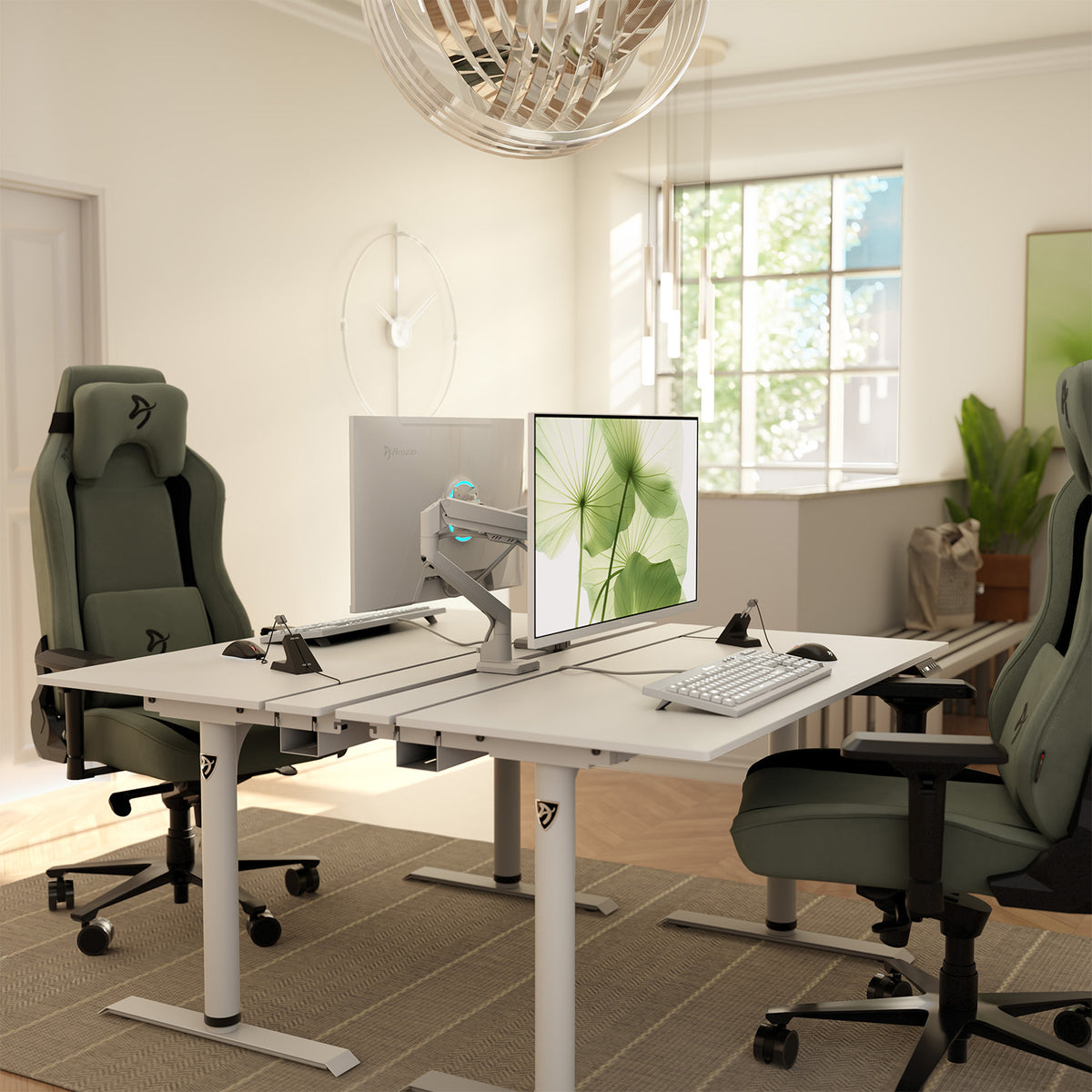 Modern office with Arena Nordico desks by Arozzi, green chairs, computers, and a sunlit window.