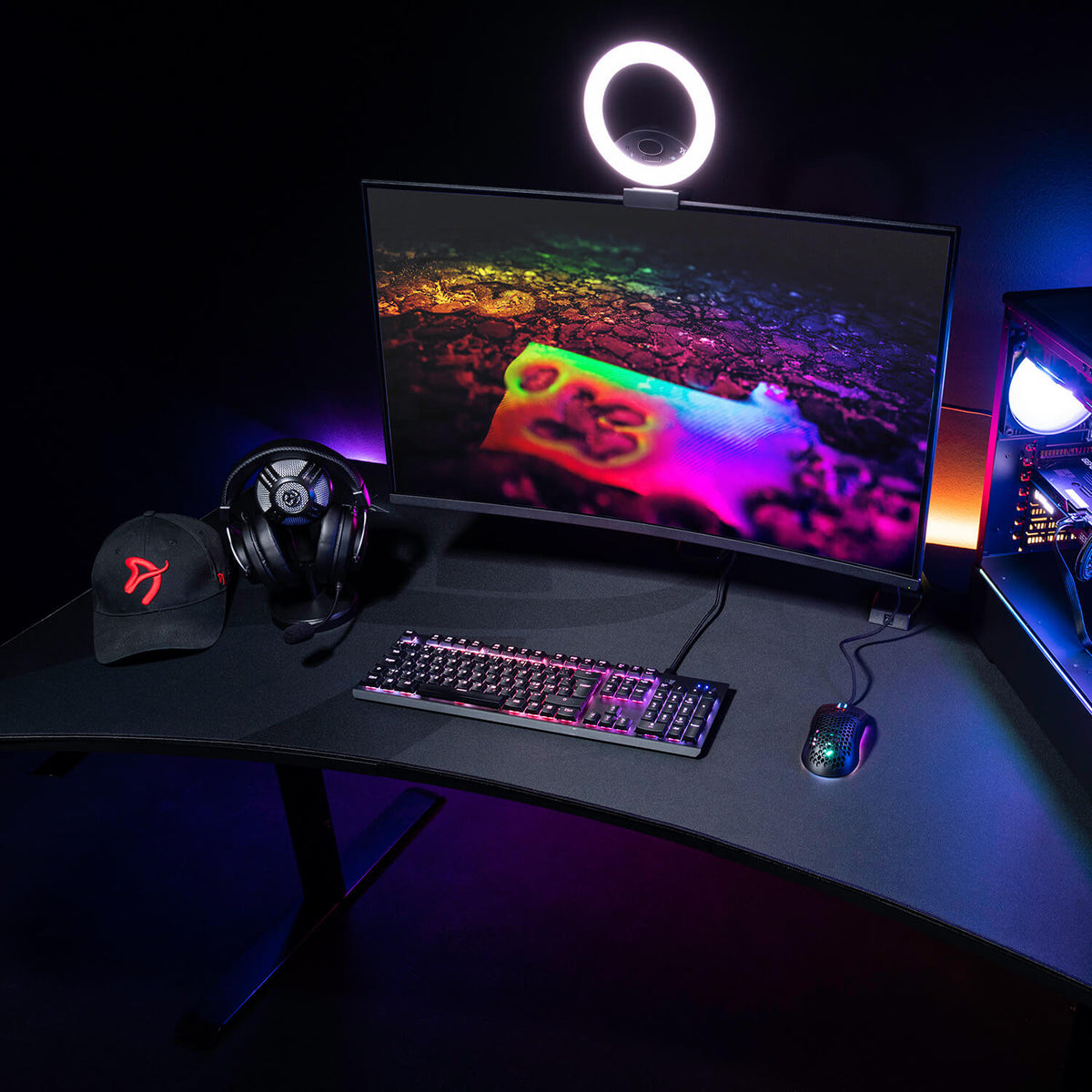 Arozzi Europe Arena Gaming Desk - Large with monitor, mouse pad, keyboard, headset & ring light.