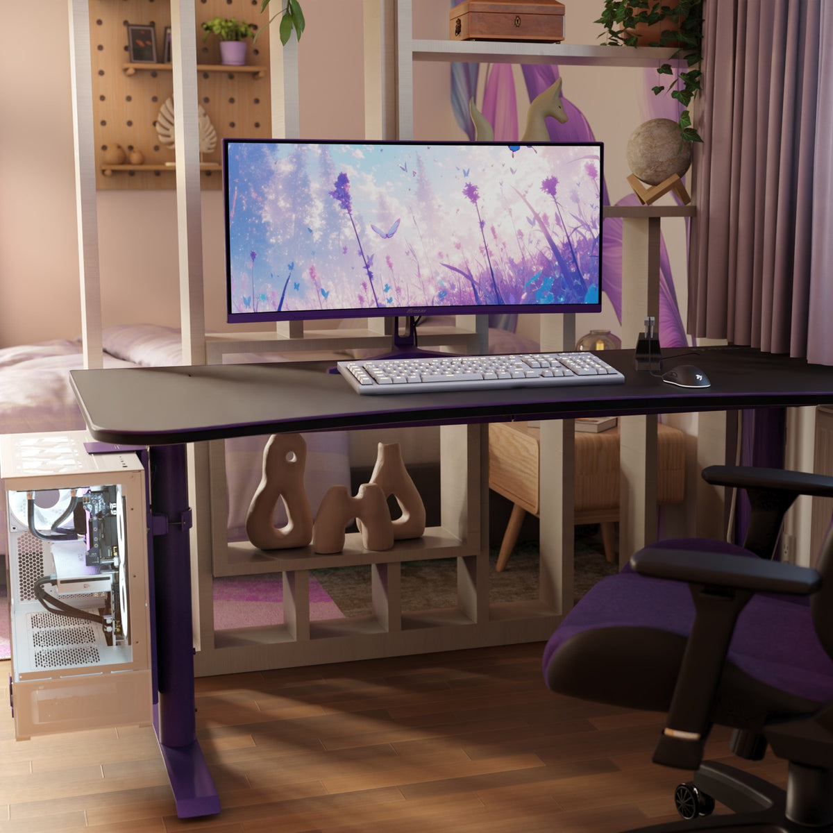 Arozzi Europe’s Arena Mousepad with a curved monitor creates a cozy, modern desk setup.