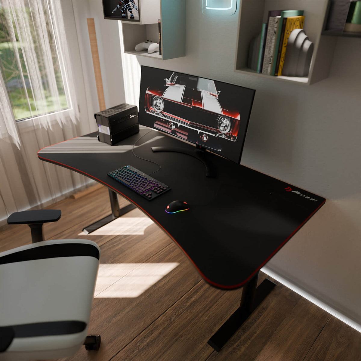 Curved desk with Arozzi Europe Arena Mousepad, monitor, keyboard, chair by a sunlit window.