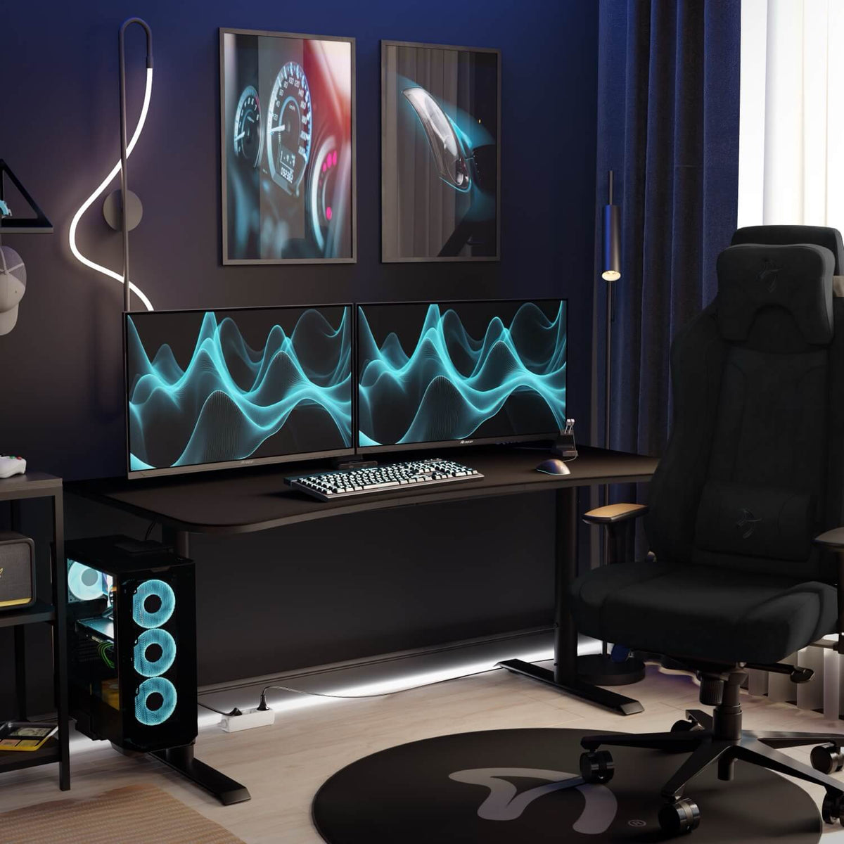 Modern setup: dual monitors, LED lights, black chair, wall art, Arena Gaming Desk by Arozzi Europe.