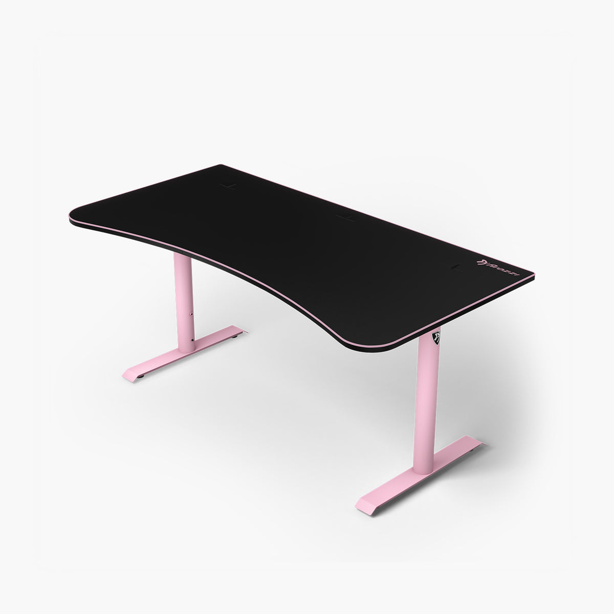 Arozzi Arena Gaming Desk - Large, black top, curved edges, pink legs, cable management.