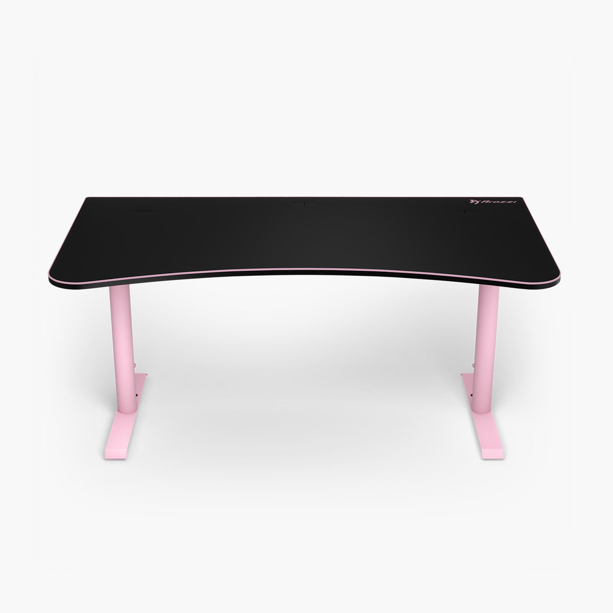 Arozzi Arena Gaming Desk - Large, black top, pink legs, cable management, front view on white.