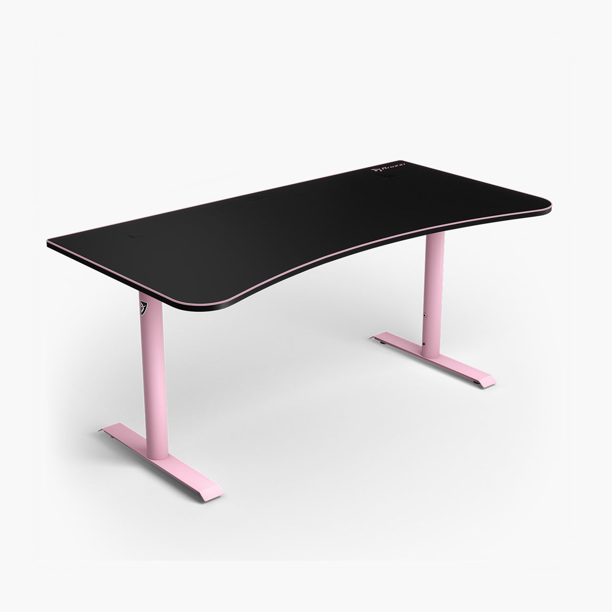 Arozzi Arena Large gaming desk, black top, curved edge, pink legs, with cable management.