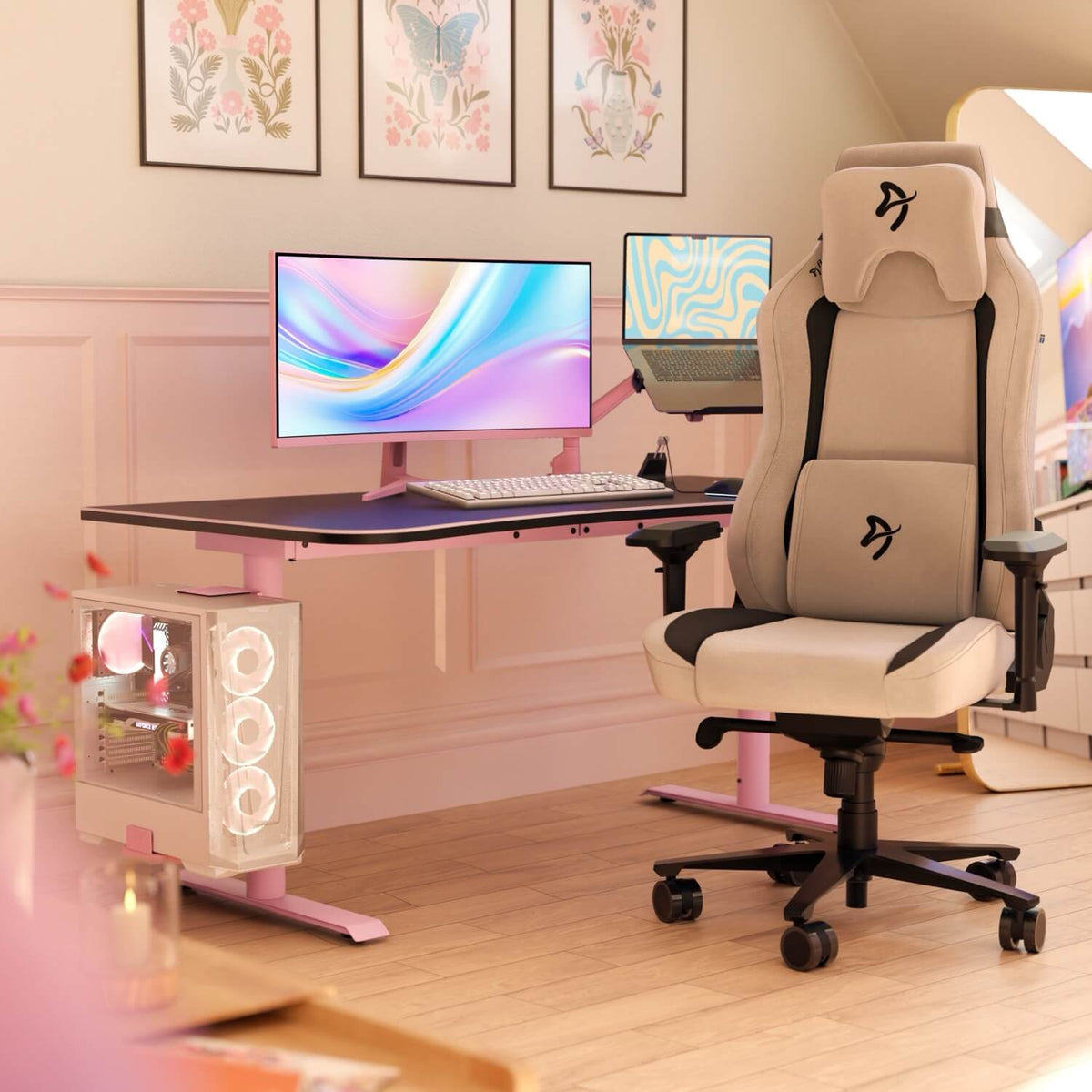 Modern setup: Arena Gaming Desk - Large by Arozzi Europe, big monitor, PC, keyboard, bright room.