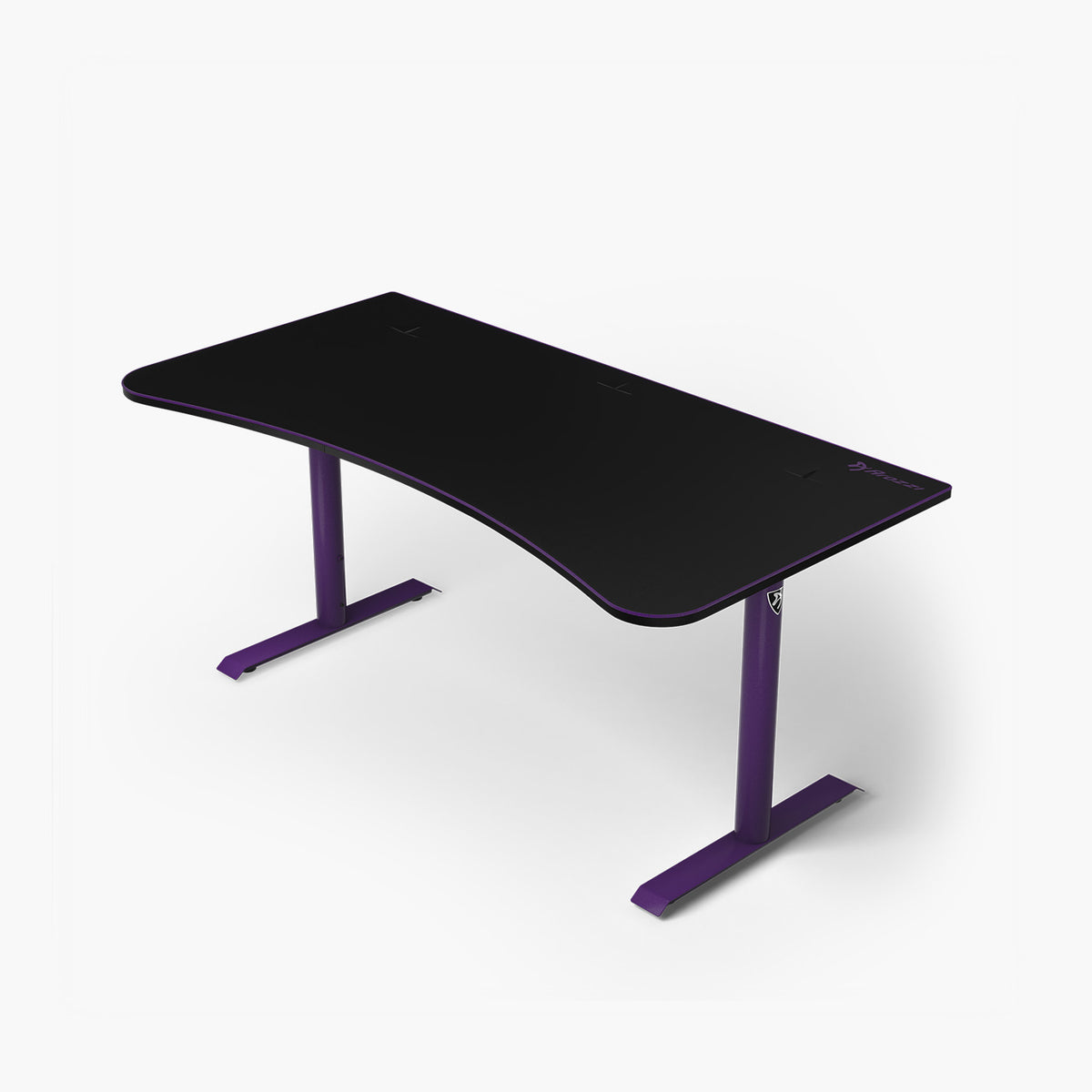 Arozzi Europe Arena Gaming Desk - Large, black with purple legs, cable management, white background.