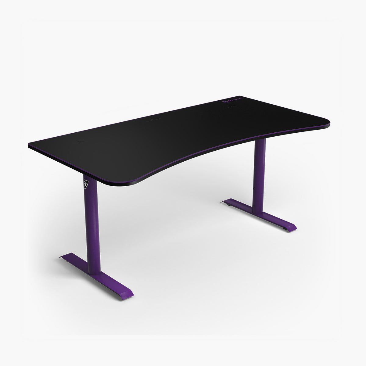 Arozzi Arena Gaming Desk—large, black, purple legs, curved edge & built-in cable management.