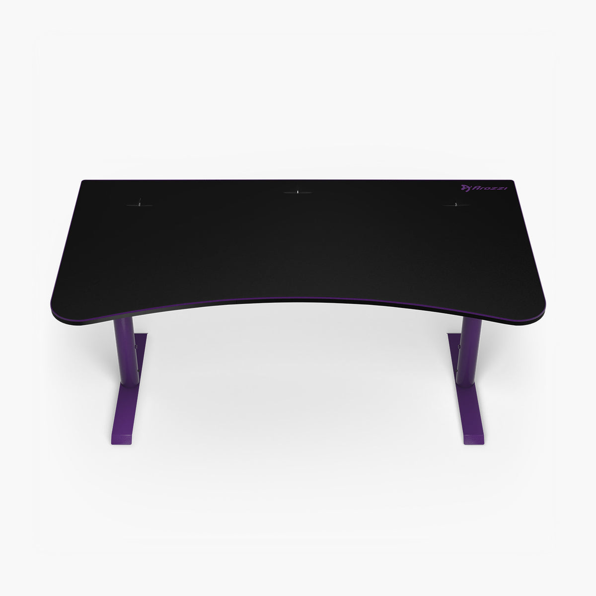 Arozzi Arena Gaming Desk - Large, black with purple legs, curved front, top view, cable management.