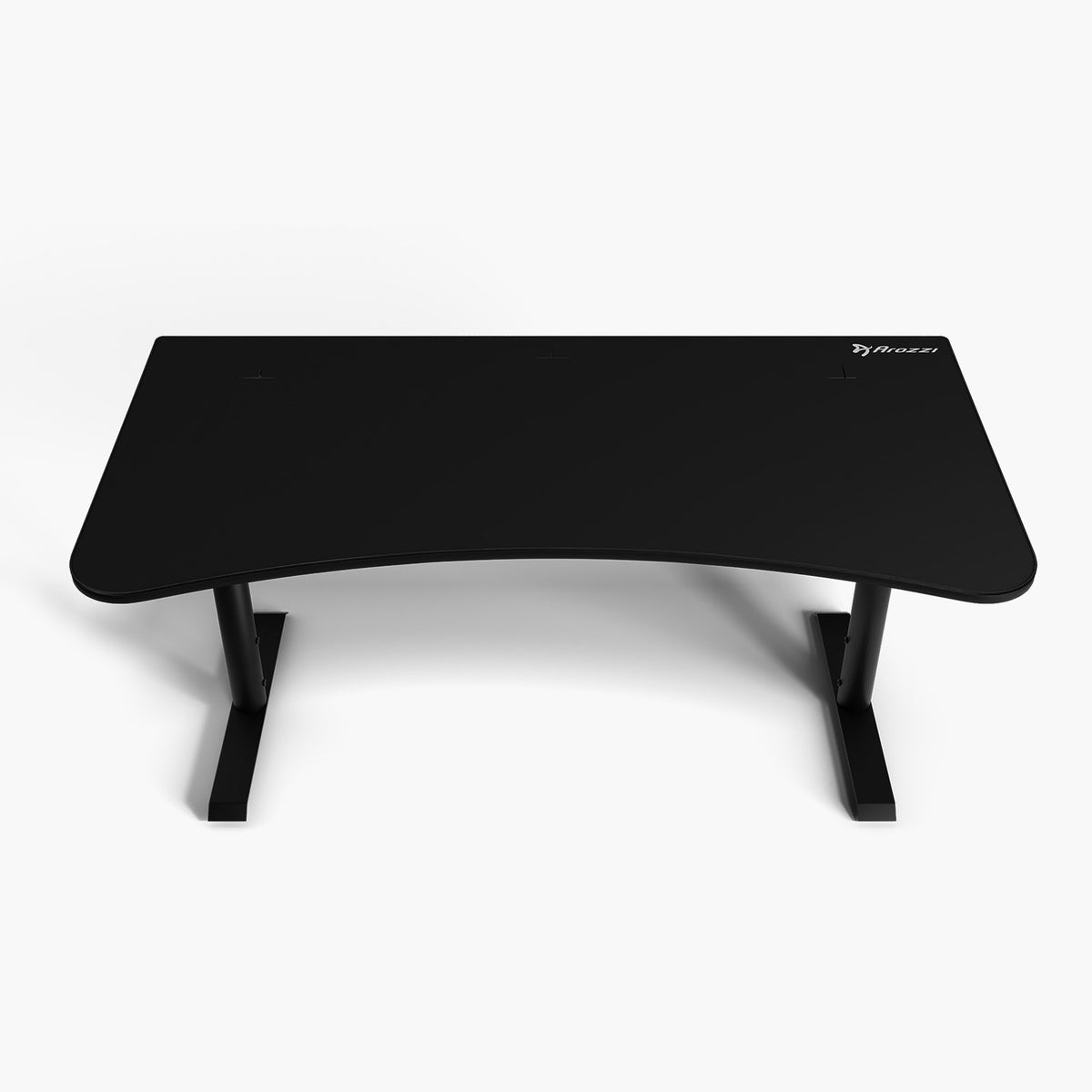 Arozzi Europe Arena Gaming Desk - Large, black, curved, T-legs, cable management, white background.