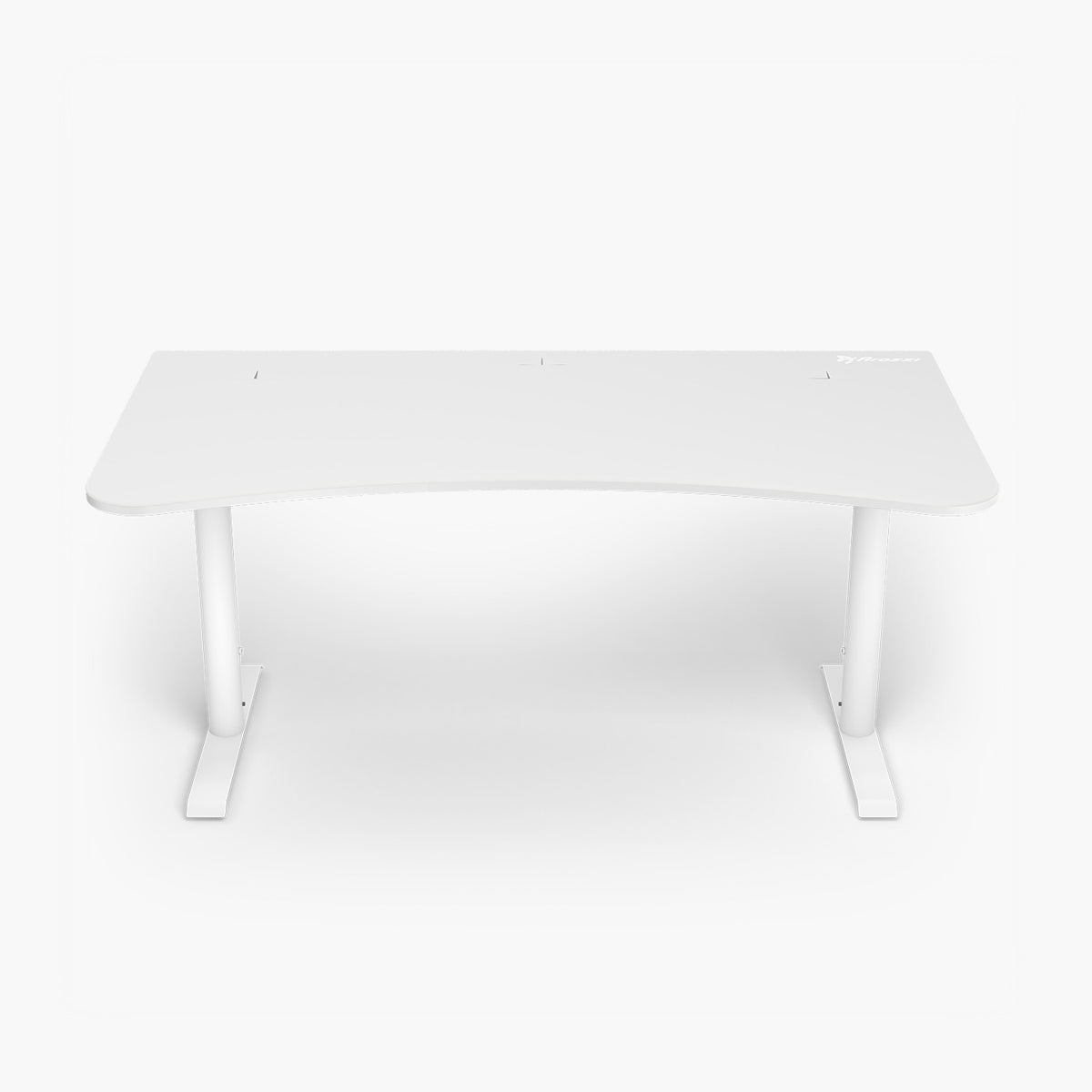 Arozzi Arena Gaming Desk - Large: white, curved front, 2 sturdy legs, built-in cable management.