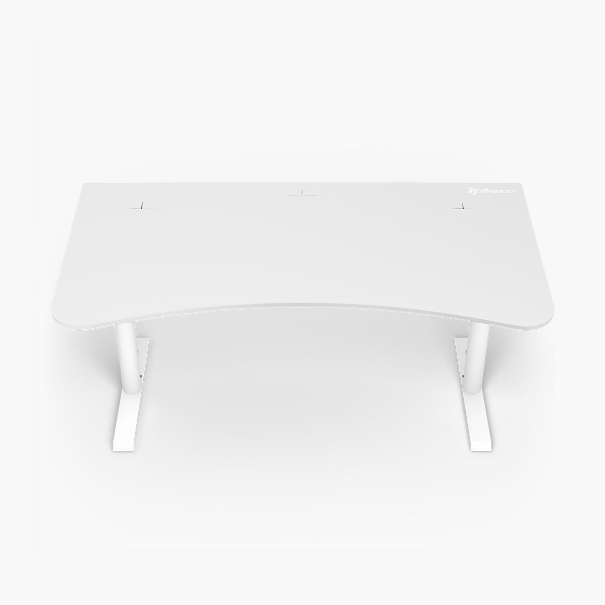 Arozzi Europe Arena Gaming Desk - Large: curved white, two legs, cable holes, mouse pad space.