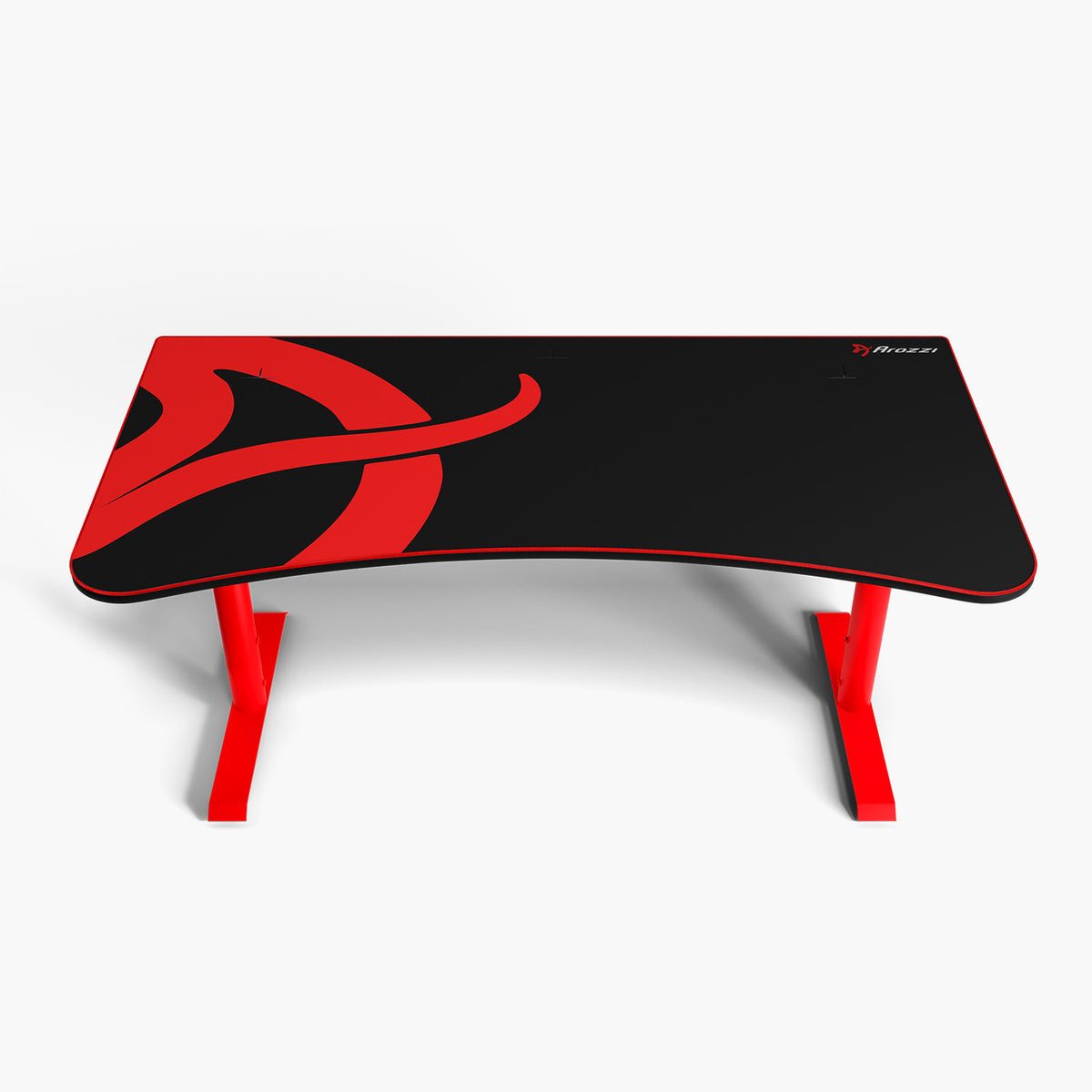 Arozzi Arena Gaming Desk: large, black/red, curved front, bold graphic, cable management.