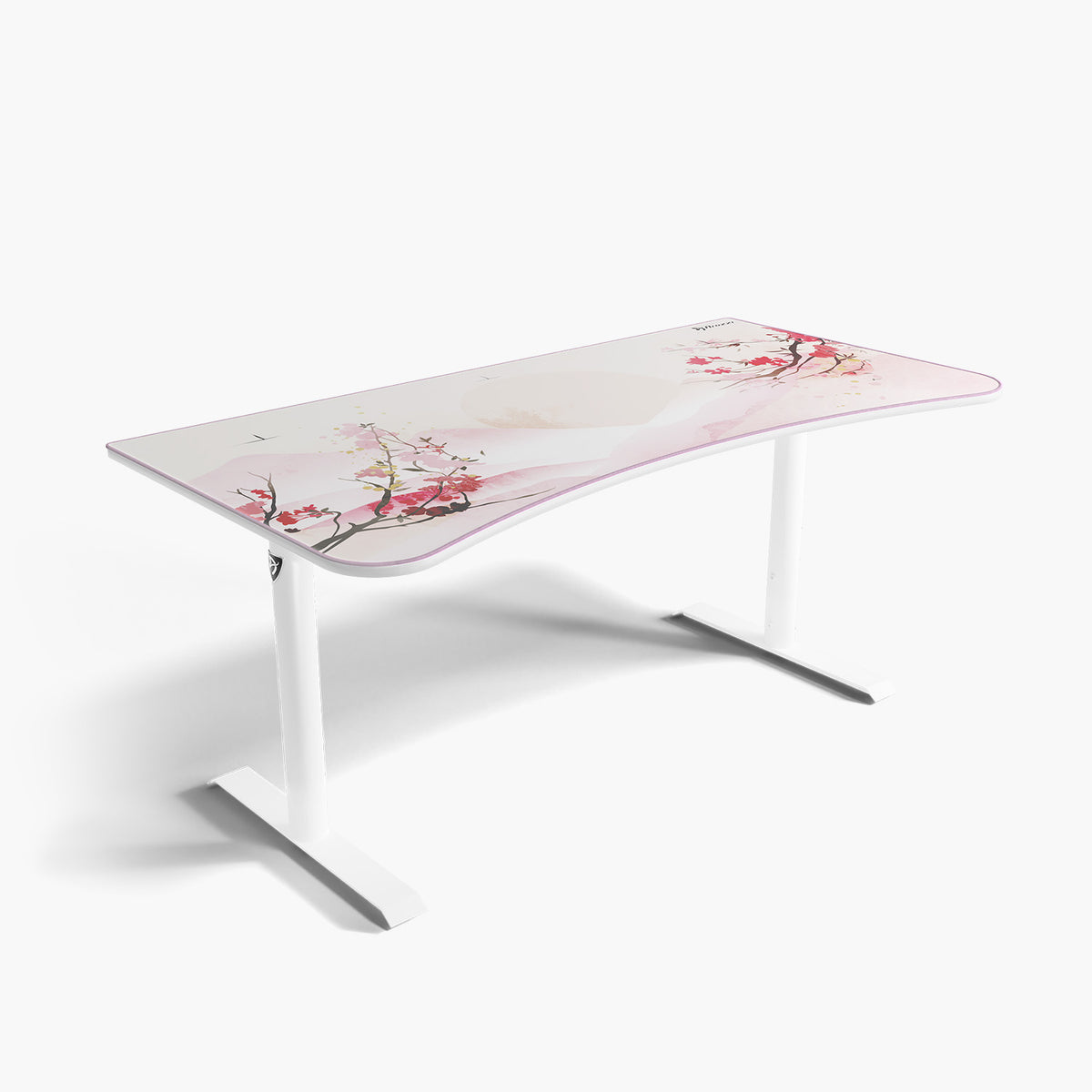 Arozzi Arena Gaming Desk - Large; curved white, pink floral, metal legs, cable management.