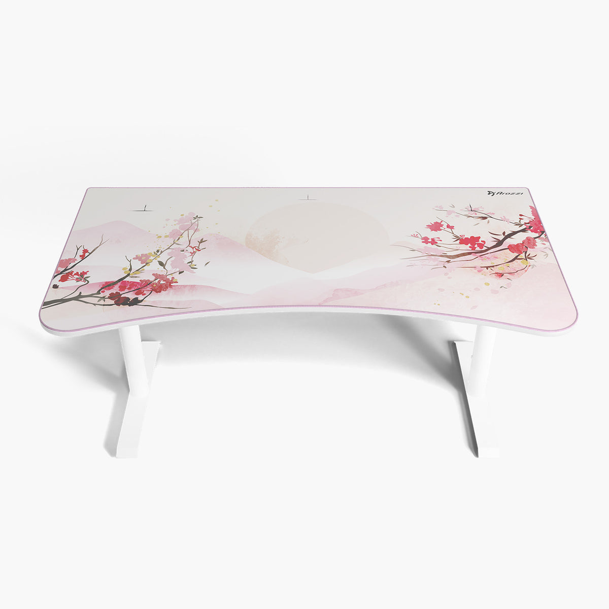 Arozzi Arena Gaming Desk - Large, white with pink cherry blossom, mountain design, cable management.