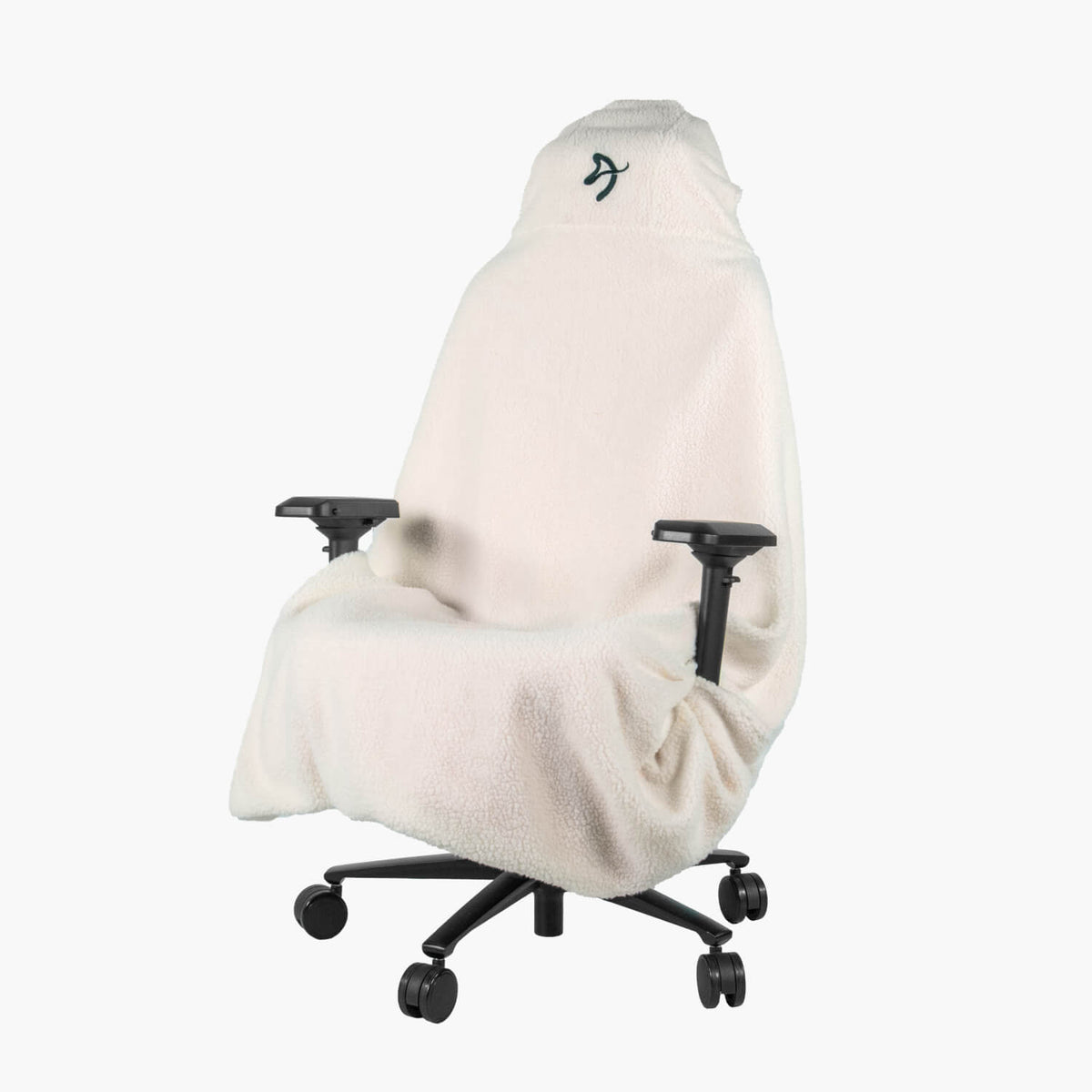 Arozzi Europe Chair Blanket in white fleece, logo on headrest, draped on black wheeled chair.