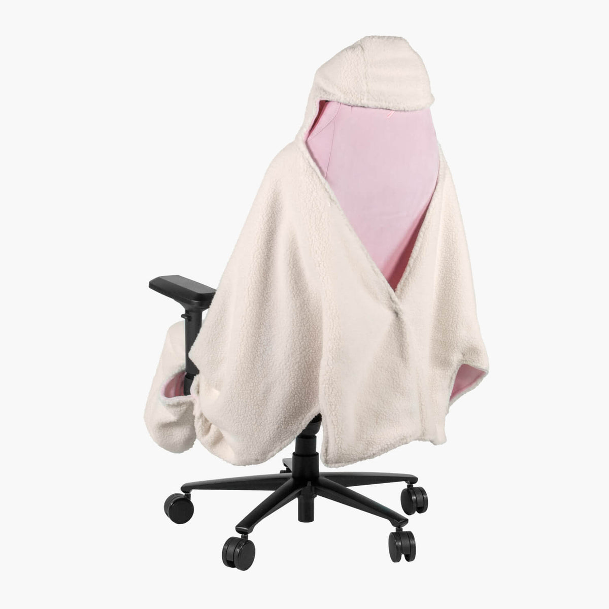Office chair with pink seat and Arozzi Europe Chair Blanket, white, hooded; rear view.