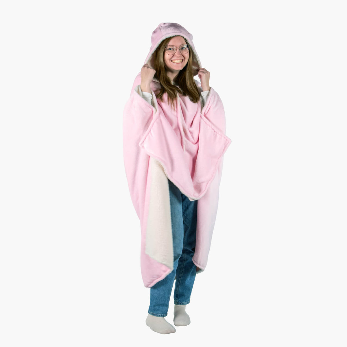 Person in glasses wears Arozzi Europe Chair Blanket over jeans and socks, standing comfortably.
