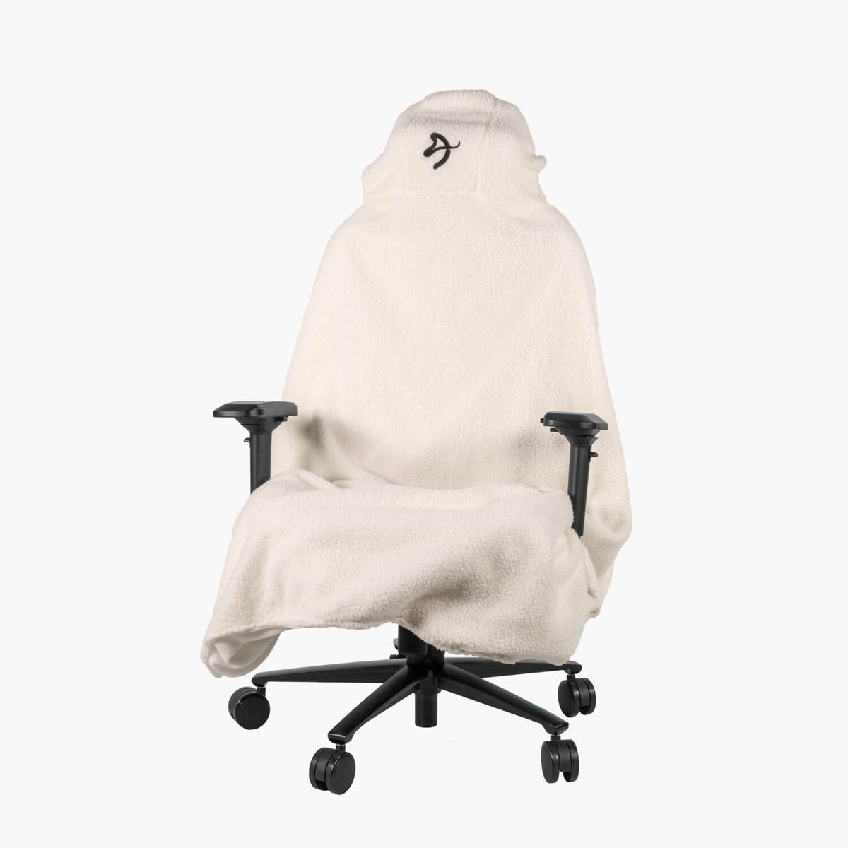 Arozzi Europe’s white fuzzy Chair Blanket with hood, shown on a black office chair.