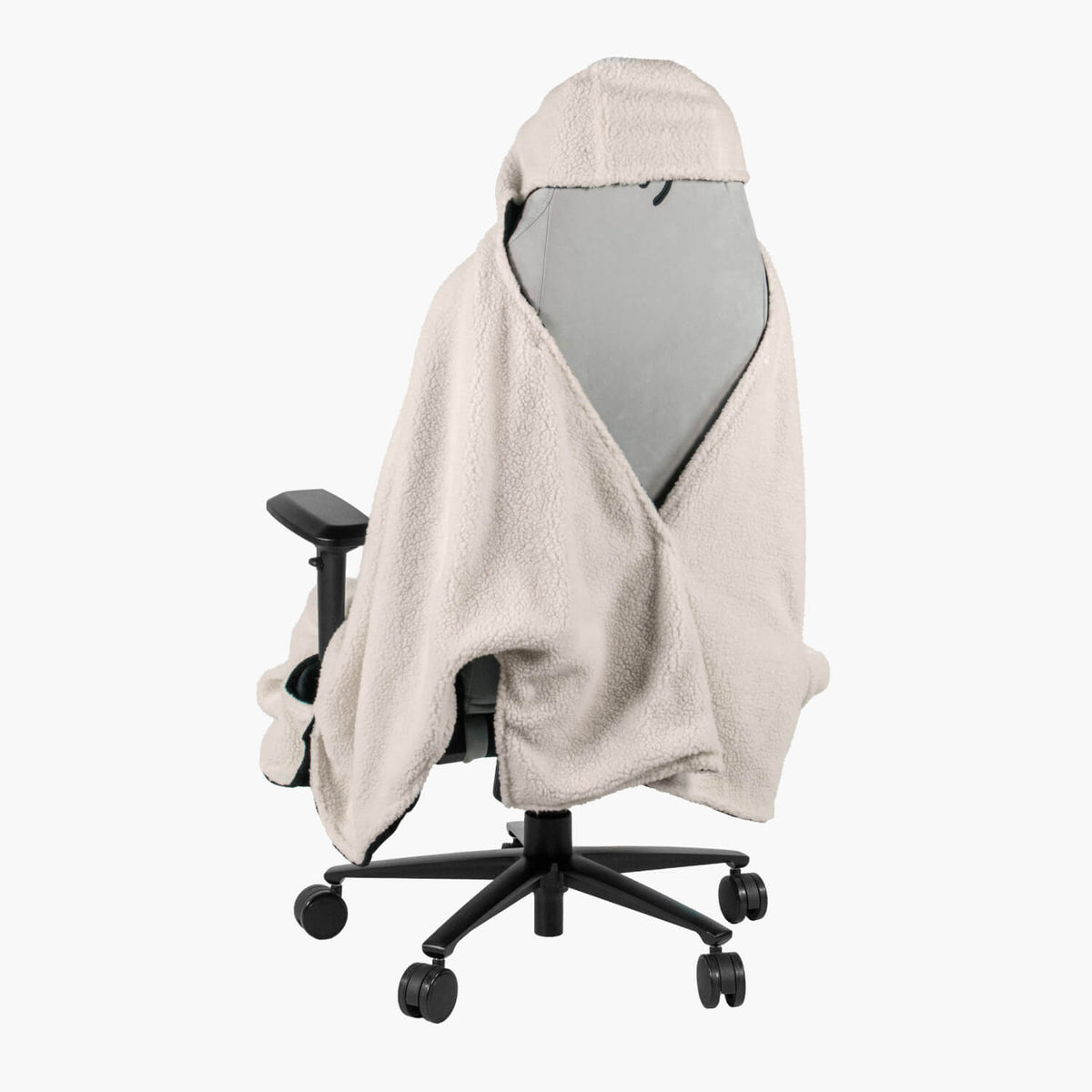 Arozzi Europe Chair Blanket in gray, on a black wheeled office chair, rear view.