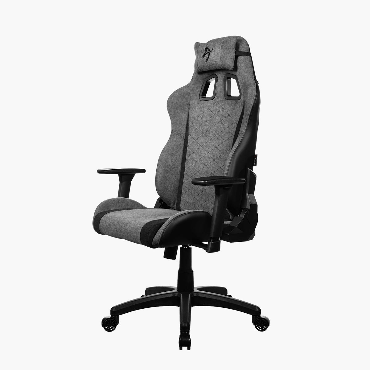 Arozzi Europe Avanti Soft Fabric chair, gray/black, with adjustable arms and head pillow.