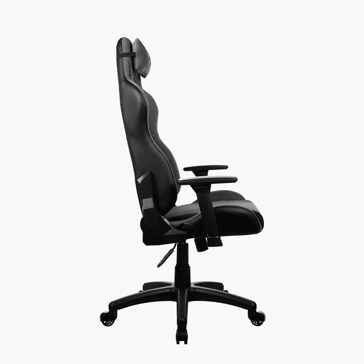 Black Avanti Soft Fabric ergonomic chair by Arozzi Europe with armrests and headrest, side view.