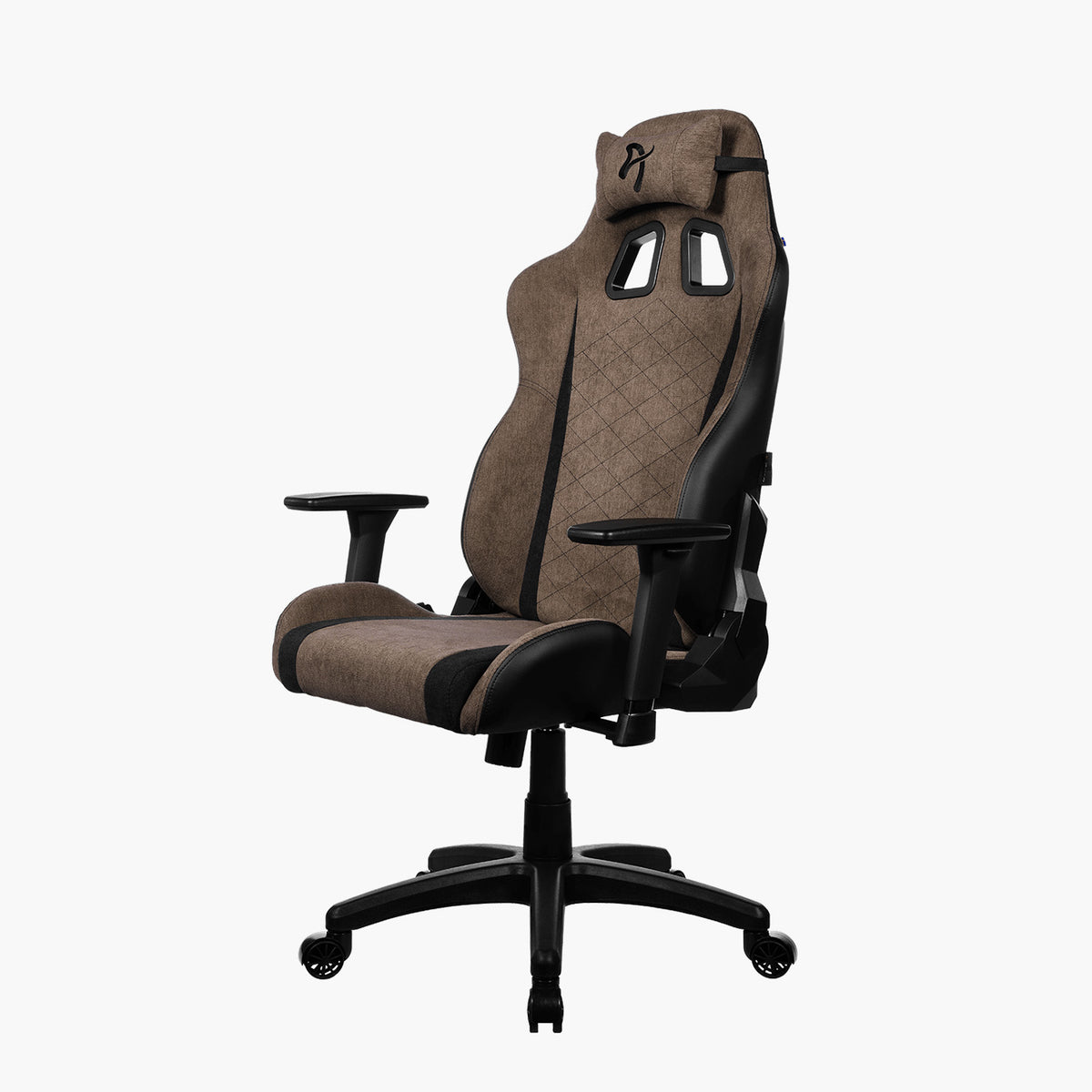Arozzi Europe Avanti Soft Fabric chair, ergonomic, head pillow, headrest, black five-wheel base.