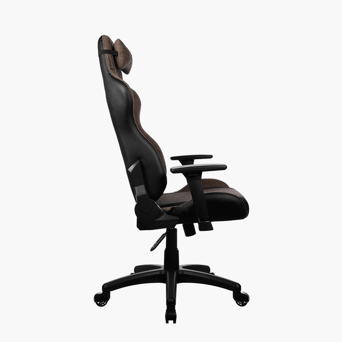 Side view of Arozzi Europe Avanti Soft Fabric chair, black/brown, with armrests and headrest.