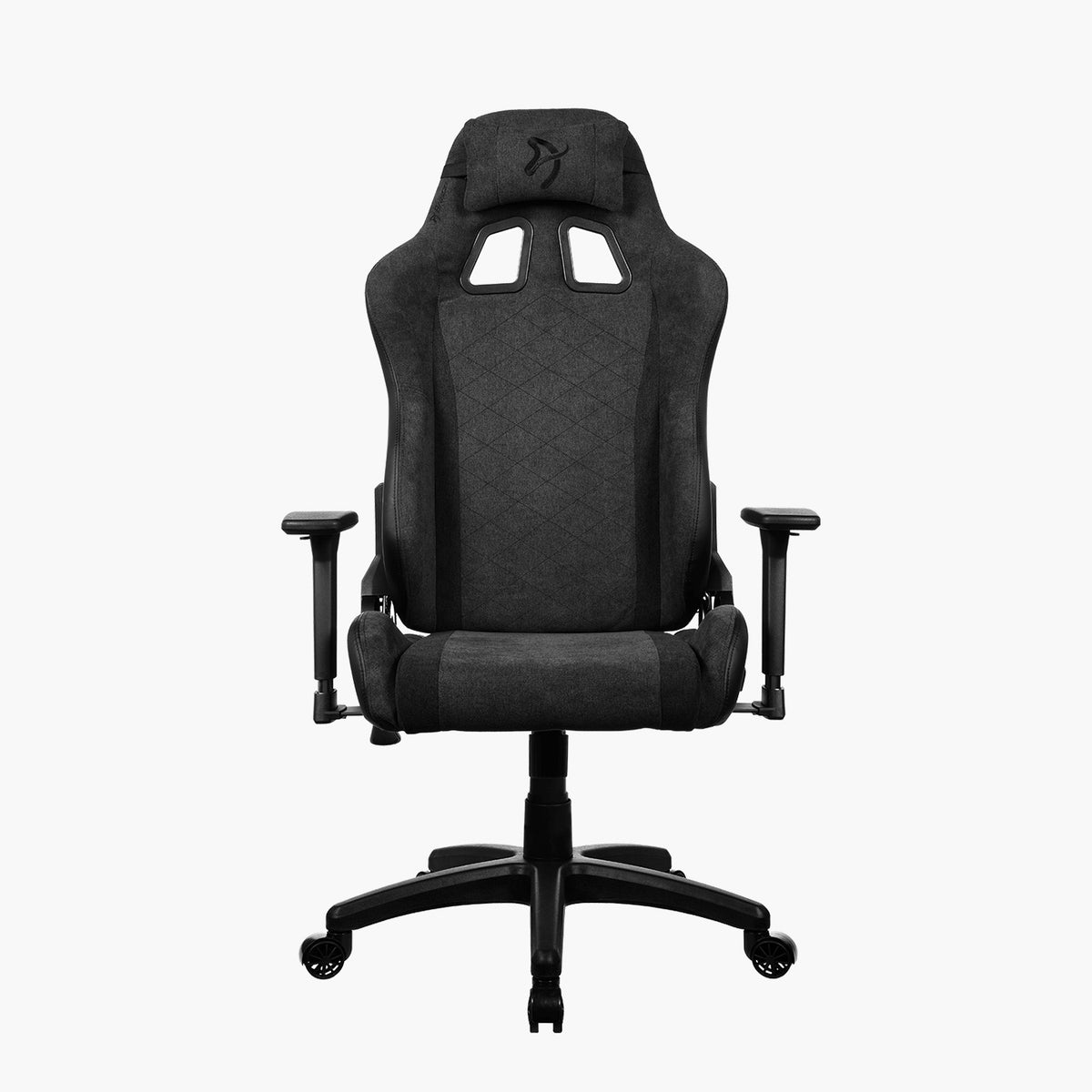 Arozzi Europe Avanti Soft Fabric chair, head pillow, adjustable arms, front view on white.