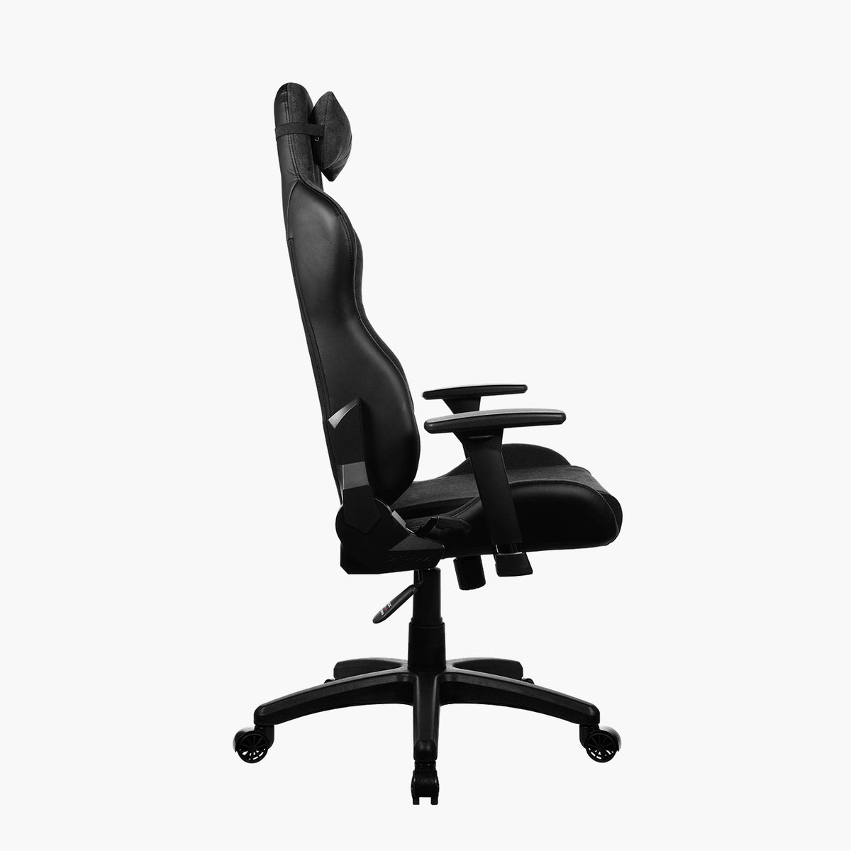 Arozzi Europe Avanti Soft Fabric chair with headrest, armrests & wheels, side view shown.