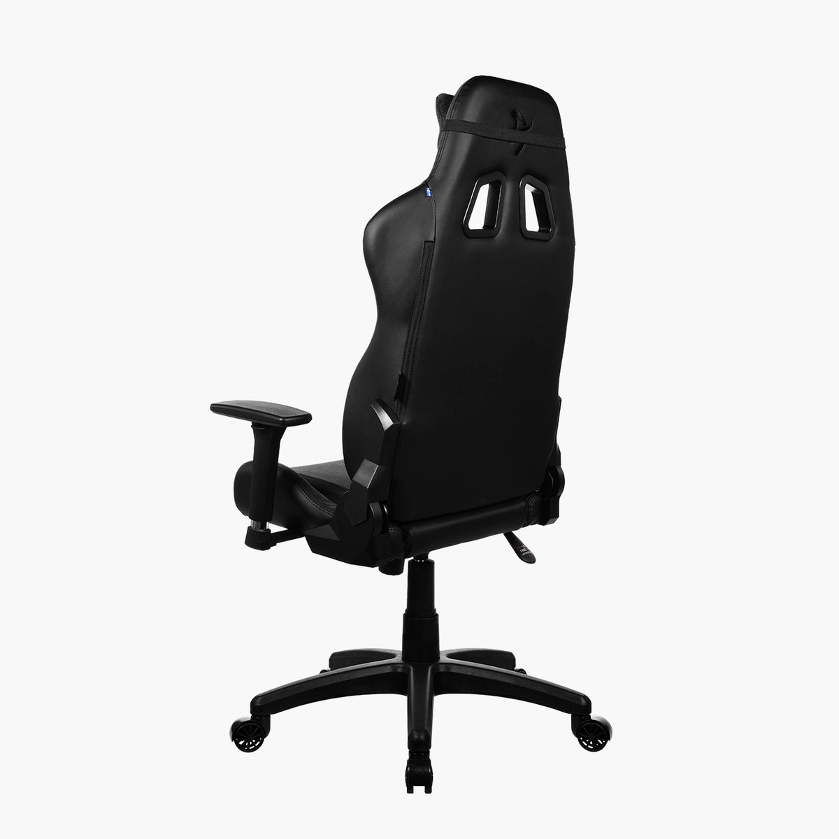 Arozzi Europe Avanti Soft Fabric chair, black, ergonomic with headrest and 5-wheel base, rear view.
