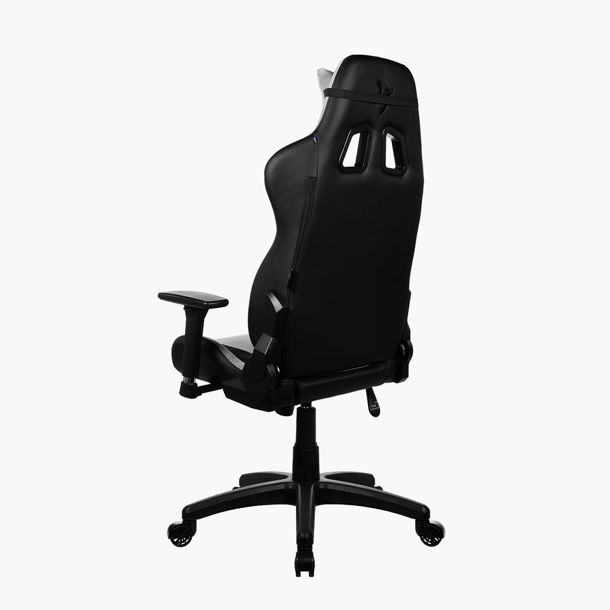 Arozzi Europe Avanti Soft Fabric chair, back view with head pillow, armrests & wheels, white bg.