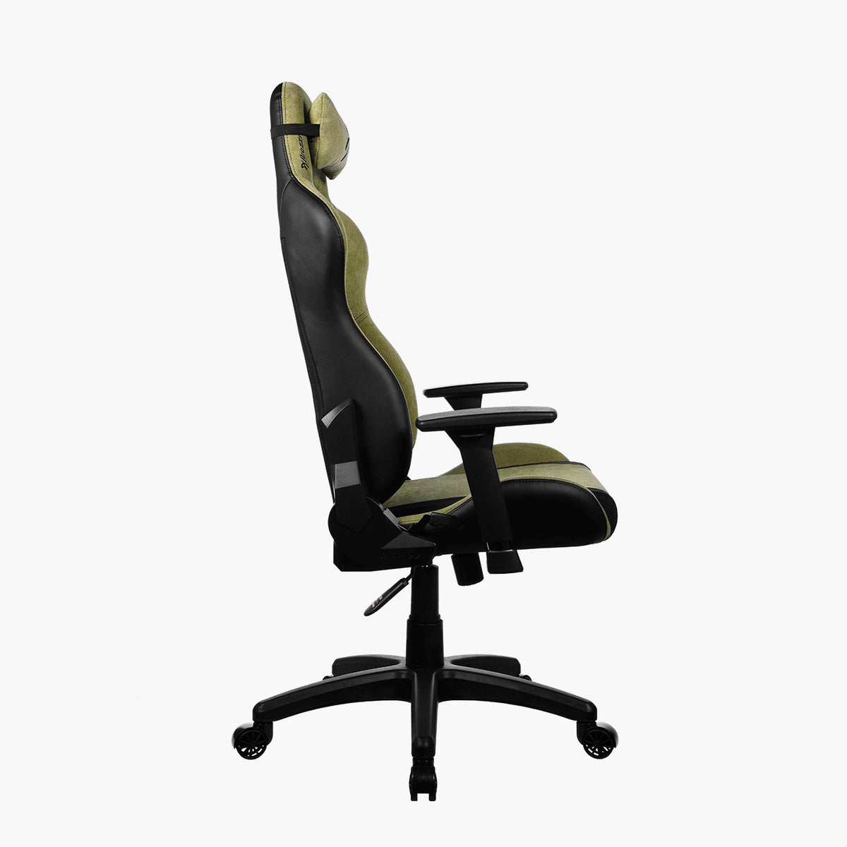 Side view of Avanti Soft Fabric by Arozzi Europe: green padding, adjustable arms, head pillow.