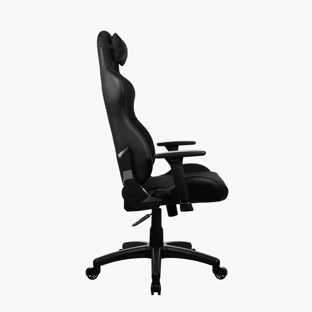 Side view of Arozzi Europe Avanti Soft Fabric ergonomic chair with armrests and headrest, black.