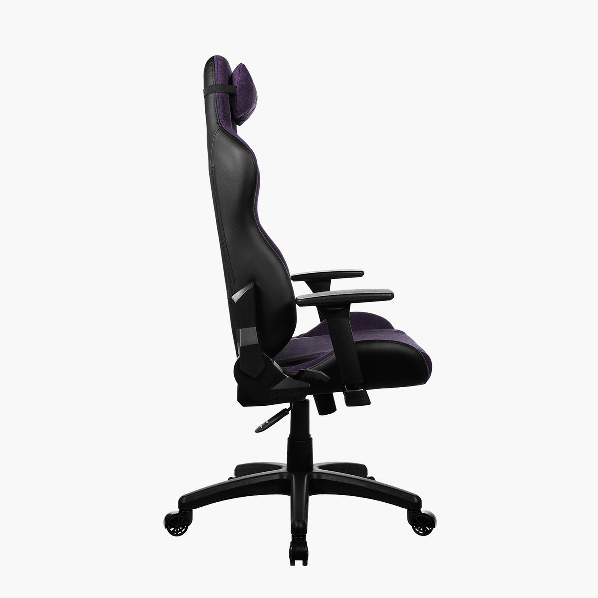 Arozzi Europe Avanti Soft Fabric chair, black/purple, side view with head pillow, white background.