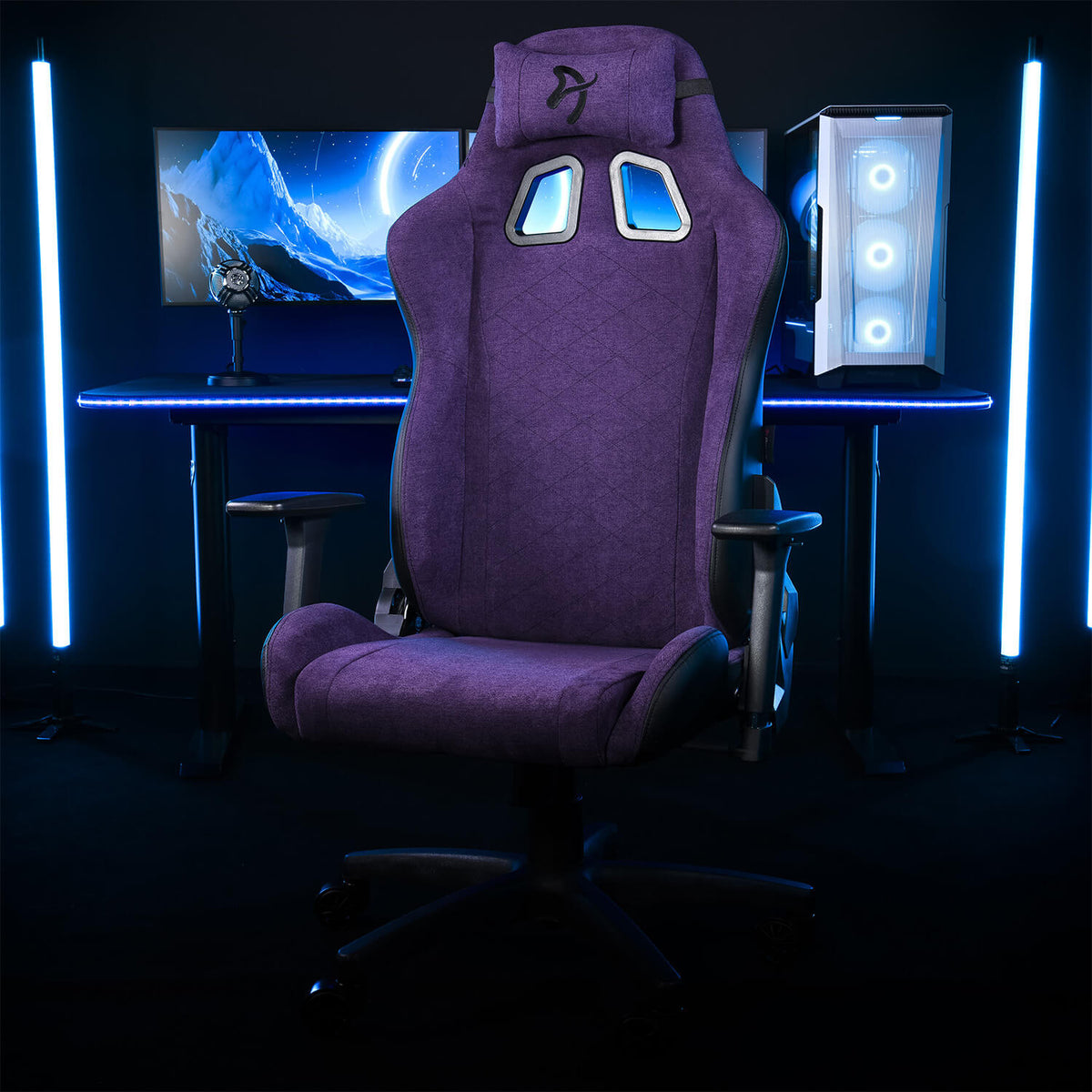 Arozzi Europe Avanti Soft Fabric chair, desk, monitors, PC tower, blue LED lights included.