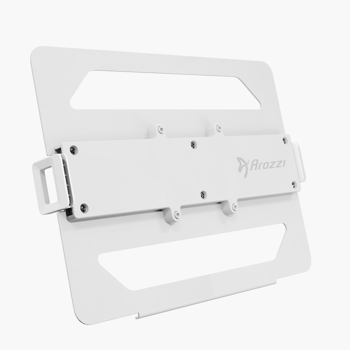 Arozzi Europe Alzare white metal laptop holder with cutout handles, back view shown.