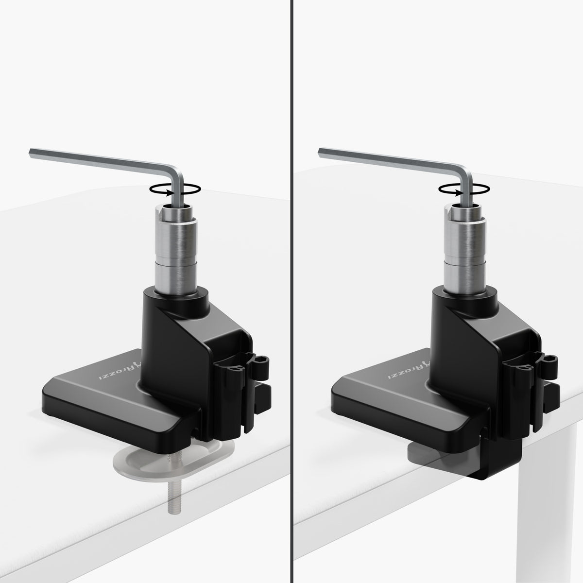 Arozzi Alzare Neo Single arm shown in two table-edge install positions.